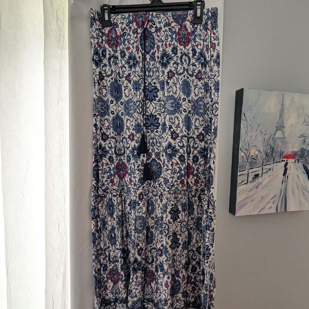 Max Studio Blue and White Tiered Maxi Skirt